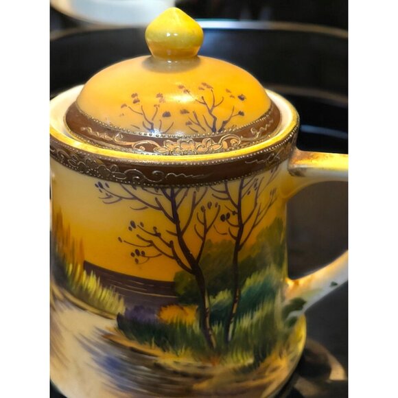 Vintage Japan Hand Painted Landscape Scene Superfine China Covered Sugar and Cre - Picture 2 of 12